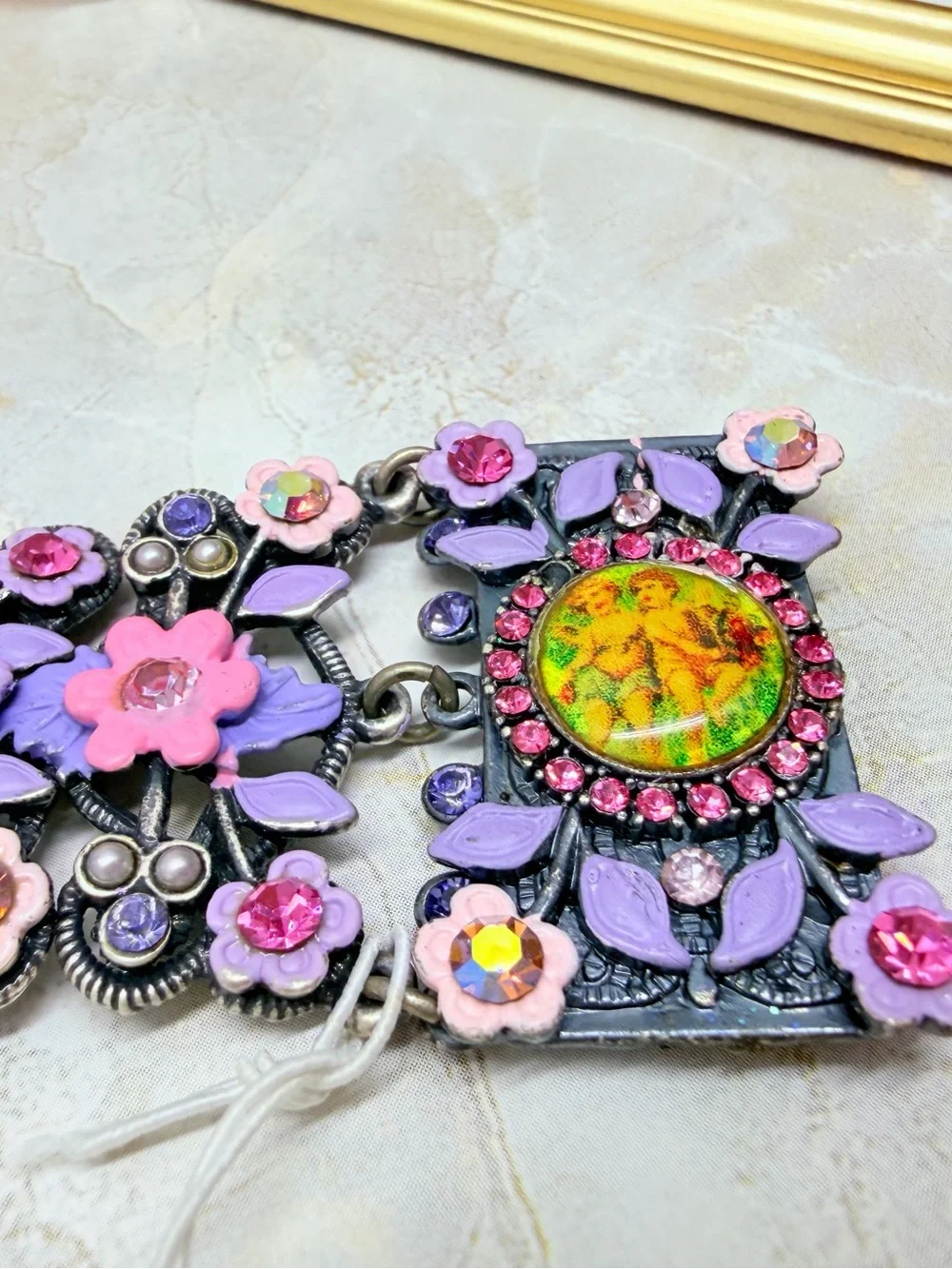 Vintage wide bracelet signet Michal Negrin,Silver purple flowers with crystal